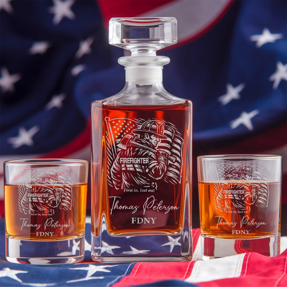 Custom Firefighter Decanter & Whiskey Glass Set, Engraved Name Gift for Firefighters
