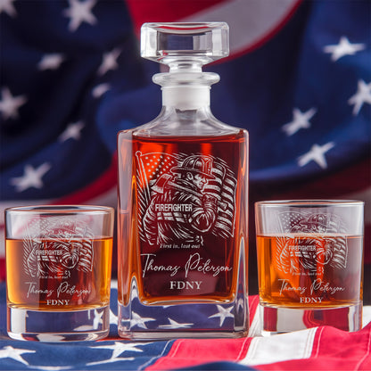 Custom Firefighter Decanter & Whiskey Glass Set, Engraved Name Gift for Firefighters