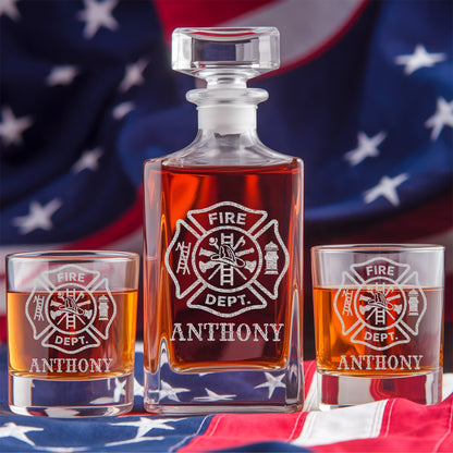 Personalized Firefighter Decanter Set – Custom Name Whiskey Bottle & Glasses Gift