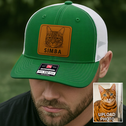 Custom Pet Photo Trucker Hat – Personalized Leather Patch Hat – Pet Gift – Custom Pet Memorial Hat - Cat Lover Gift - Engraved Hat NGOC99A2