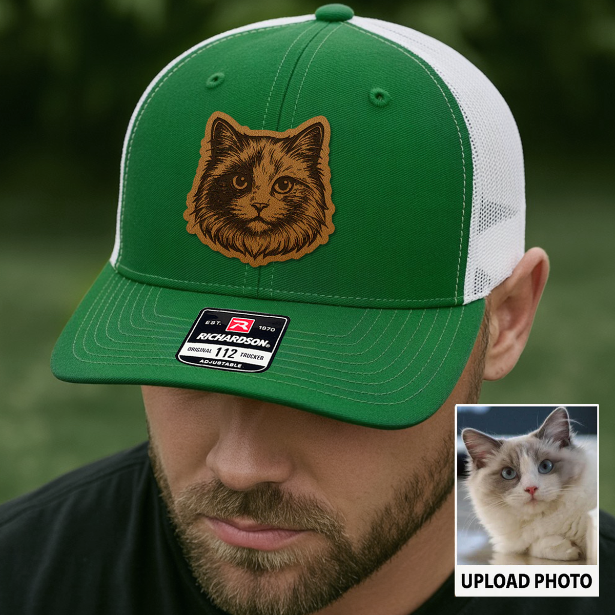 Custom Pet Photo Trucker Hat – Personalized Leather Patch Hat – Cat Portrait Gift – Custom Pet Face Hat P99A13