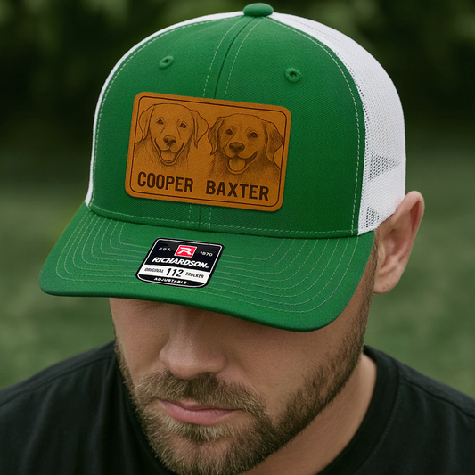 Custom Pet Photo Trucker Hat – Personalized Leather Patch Hat – Couple Dogs Gift – Custom Pet Memorial Hat - Dog Gift - Engraved Hat THUC991A