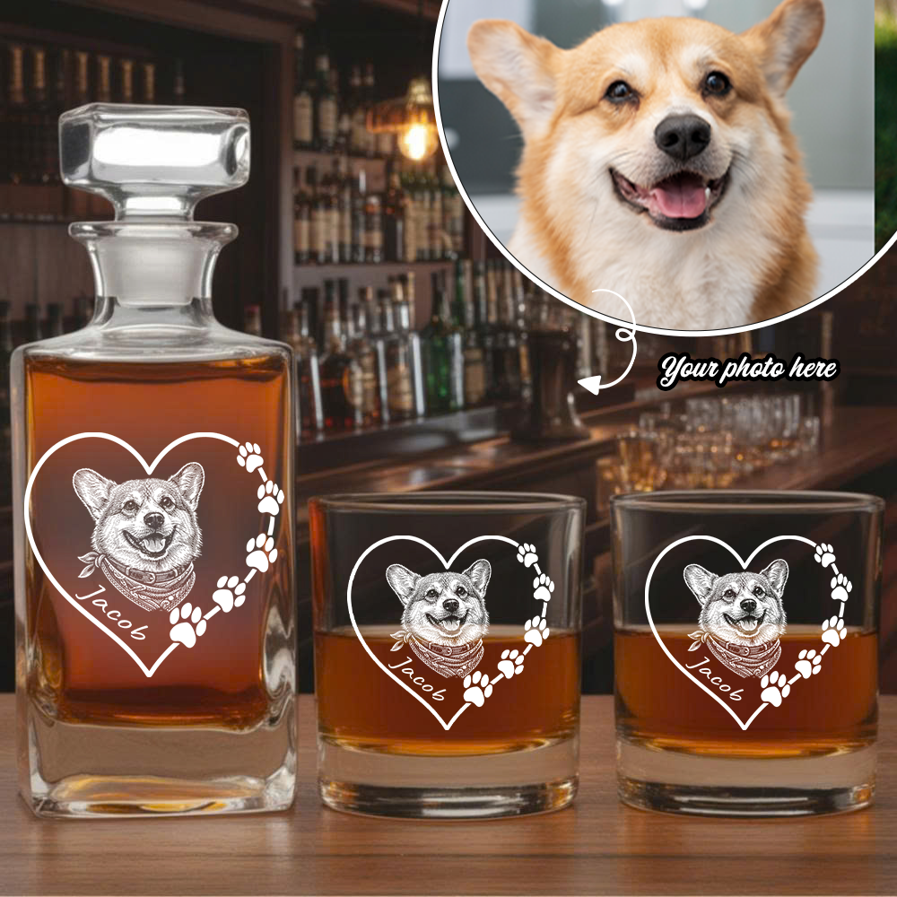 Custom Photo Dog Heart Shape Whiskey Decanter Set with Name, Dog Lover Gift THUC99