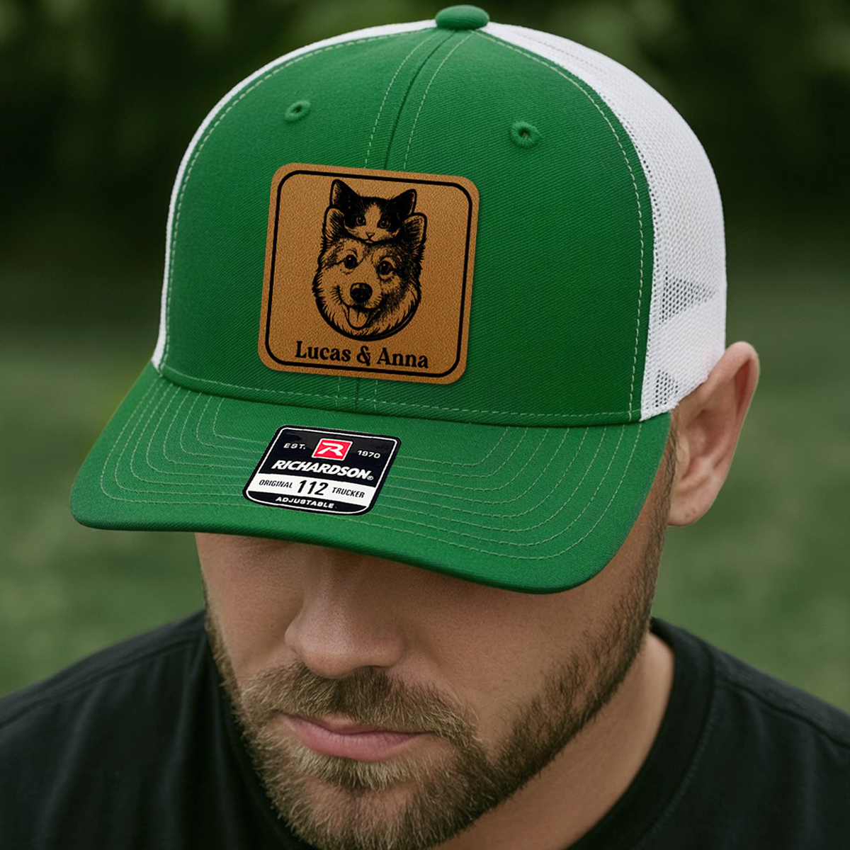 Custom Pet Photo Trucker Hat – Personalized Leather Patch Hat – Dog Portrait Gift – Custom Pet Face Hat P99A20