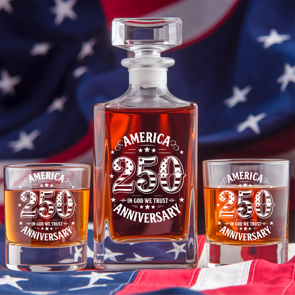 America 250 Years Anniversary Engraved Whiskey Decanter Set, Patriotic Bourbon Gift THUC99