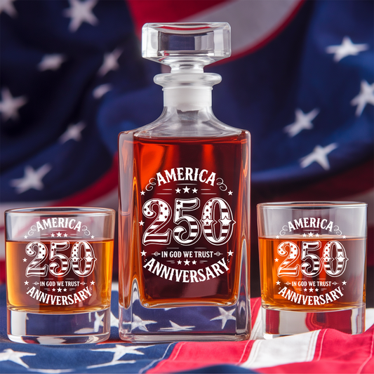 America 250 Years Anniversary Engraved Whiskey Decanter Set, Patriotic Bourbon Gift THUC99