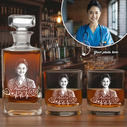 Custom Photo Nurse or Doctor Whiskey Decanter Set, Personalized Name Medical Decanter THUC99