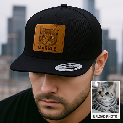 Custom Pet Photo Trucker Hat – Personalized Leather Patch Hat – Cat Portrait Gift – Custom Pet Face Hat P99A12