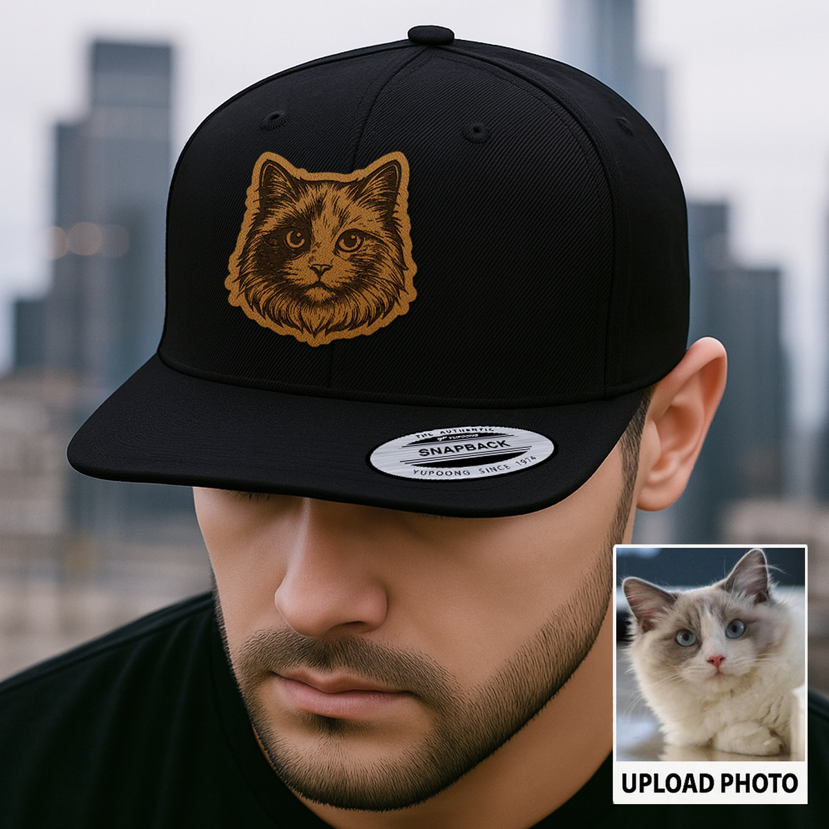 Custom Pet Photo Trucker Hat – Personalized Leather Patch Hat – Cat Portrait Gift – Custom Pet Face Hat P99A13
