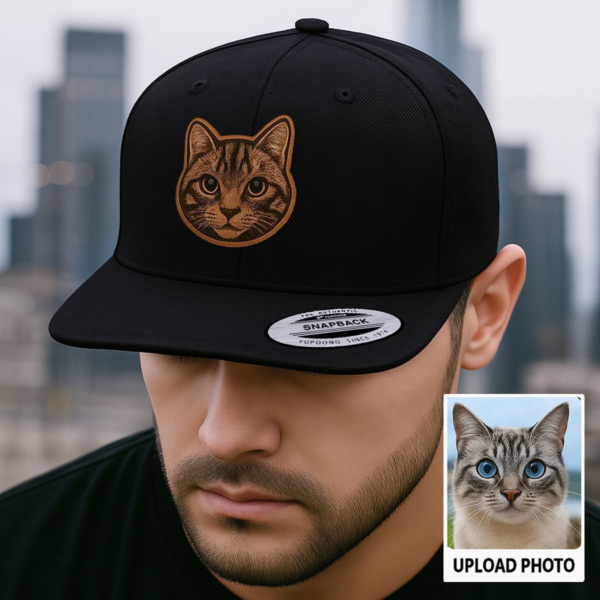 Custom Pet Photo Trucker Hat – Personalized Leather Patch Hat – Cat Dad Gift – Custom Pet Memorial Hat - Cat Gift - Engraved Hat NGOC99A5
