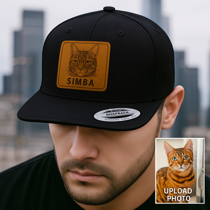 Custom Pet Photo Trucker Hat – Personalized Leather Patch Hat – Pet Gift – Custom Pet Memorial Hat - Cat Lover Gift - Engraved Hat NGOC99A2