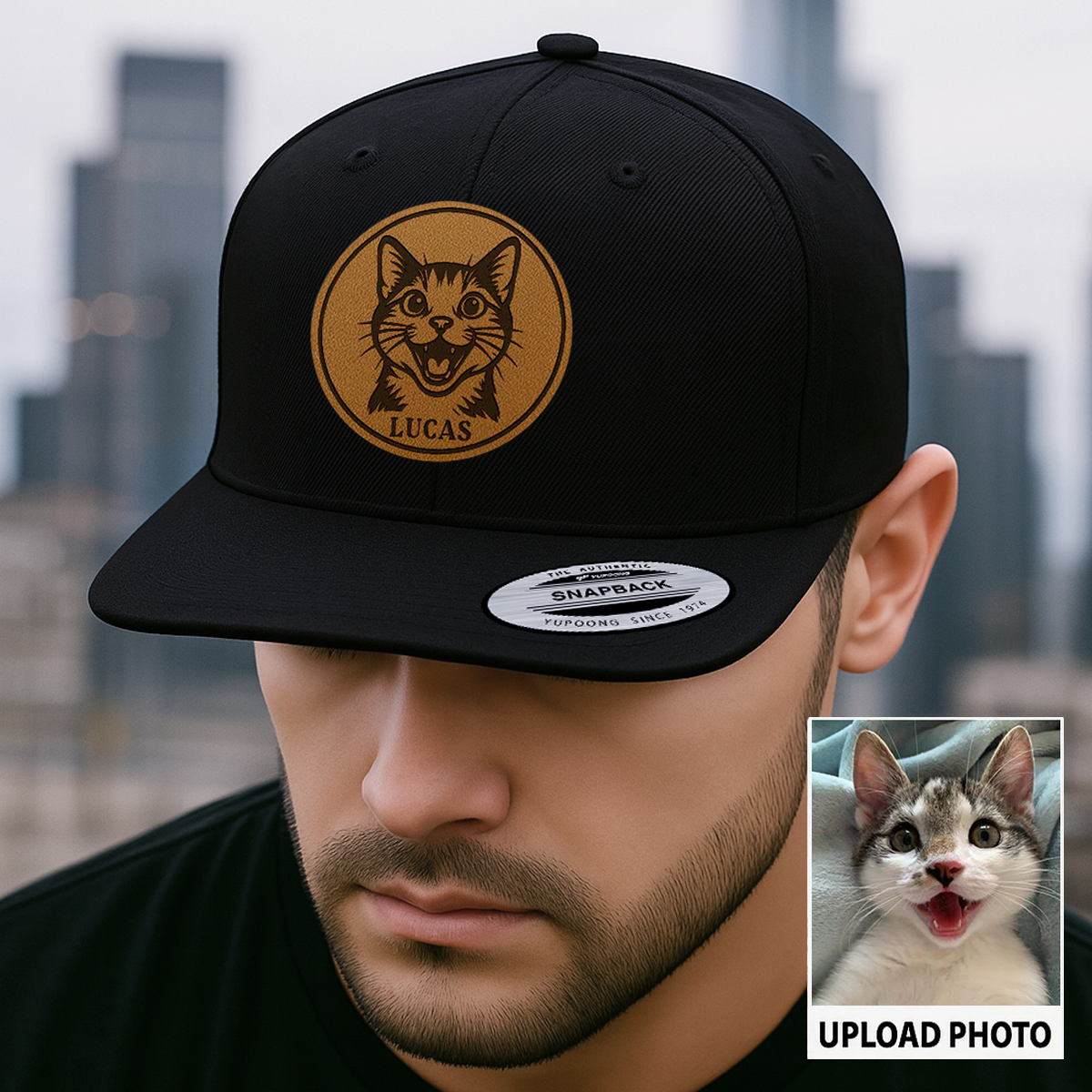 Personalized Cat Photo Leather Patch Hat | Trucker Hat With Cat Photo | Gift For Cat Lover TNGANSP038