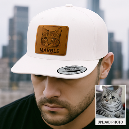 Custom Pet Photo Trucker Hat – Personalized Leather Patch Hat – Cat Portrait Gift – Custom Pet Face Hat P99A12