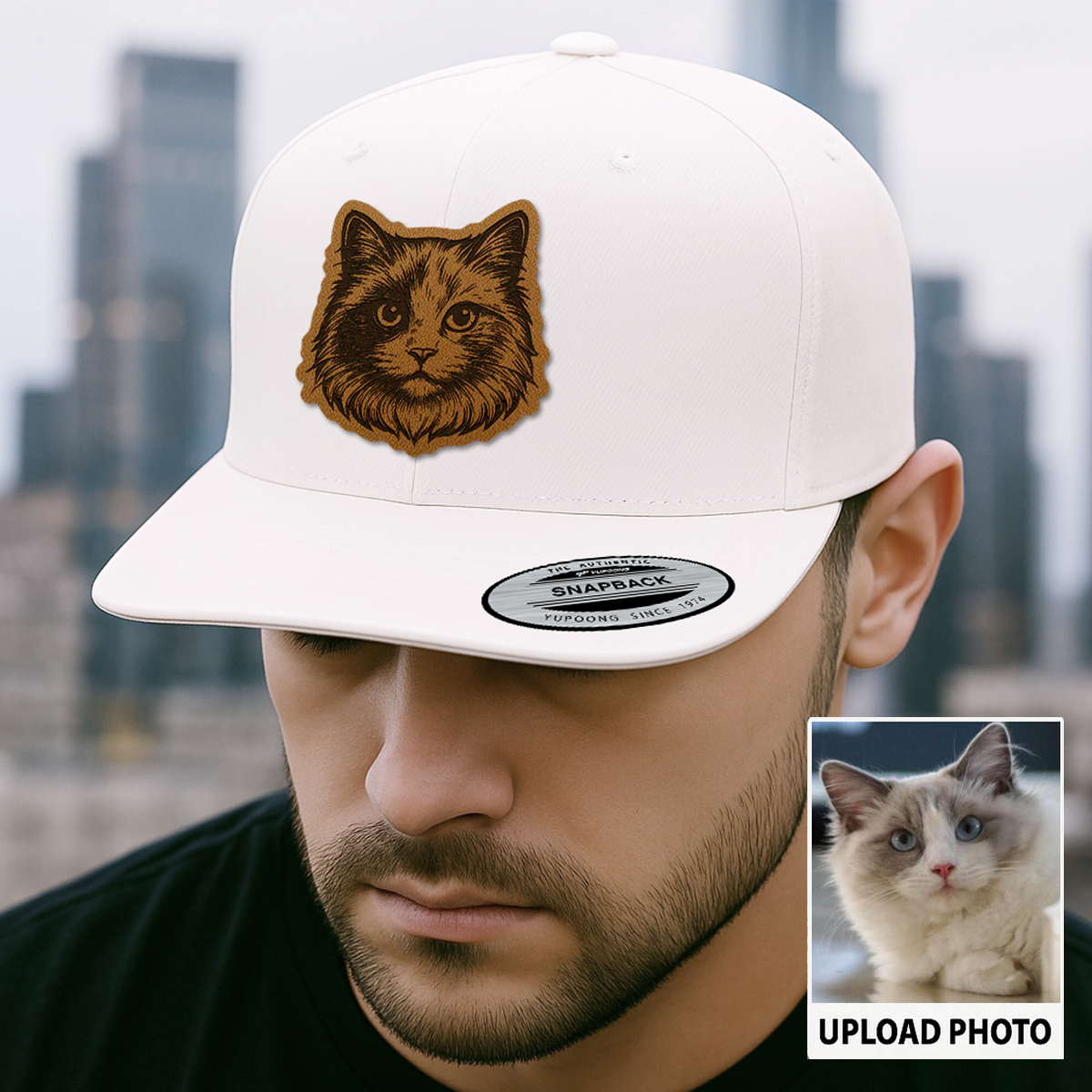 Custom Pet Photo Trucker Hat – Personalized Leather Patch Hat – Cat Portrait Gift – Custom Pet Face Hat P99A13