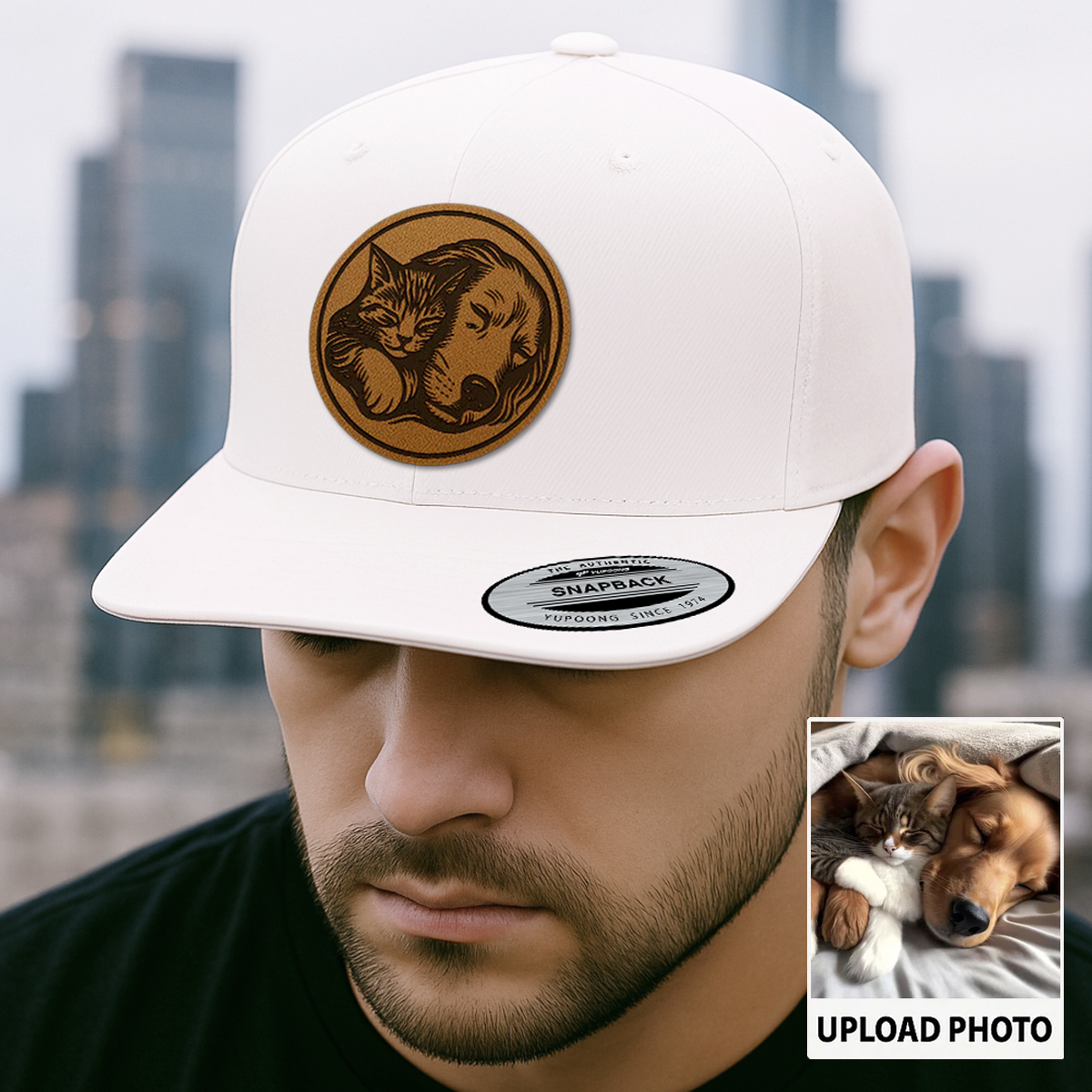 Custom Pet Photo Trucker Hat | Personalized Dog & Cat Patch Leather Patch Hat | Gift For Pet Lovers TNGANSP016