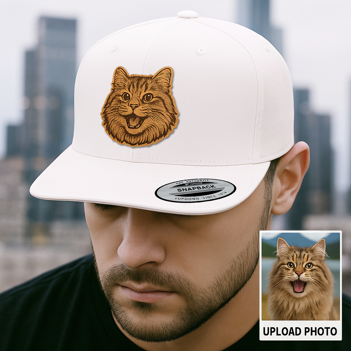 Custom Pet Photo Trucker Hat – Personalized Leather Patch Hat – Cat Portrait Gift – Custom Pet Face Hat P99A14