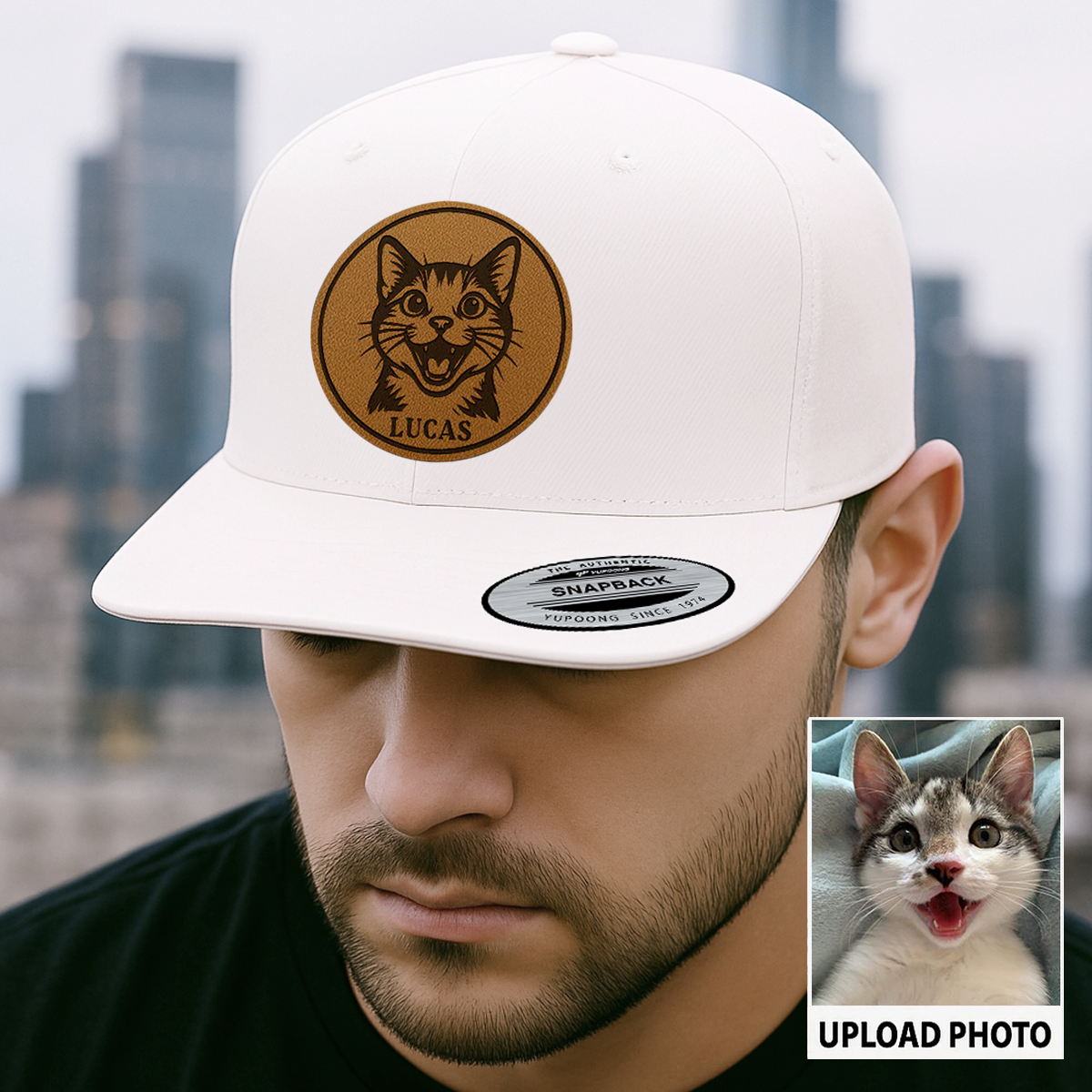 Personalized Cat Photo Leather Patch Hat | Trucker Hat With Cat Photo | Gift For Cat Lover TNGANSP038