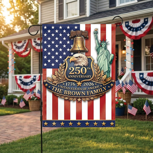 Personalized USA 250th Anniversary 4th of July Flag 1776-2026, Custom Name Patriotic American Garden Flag, Independence Day Outdoor Decor