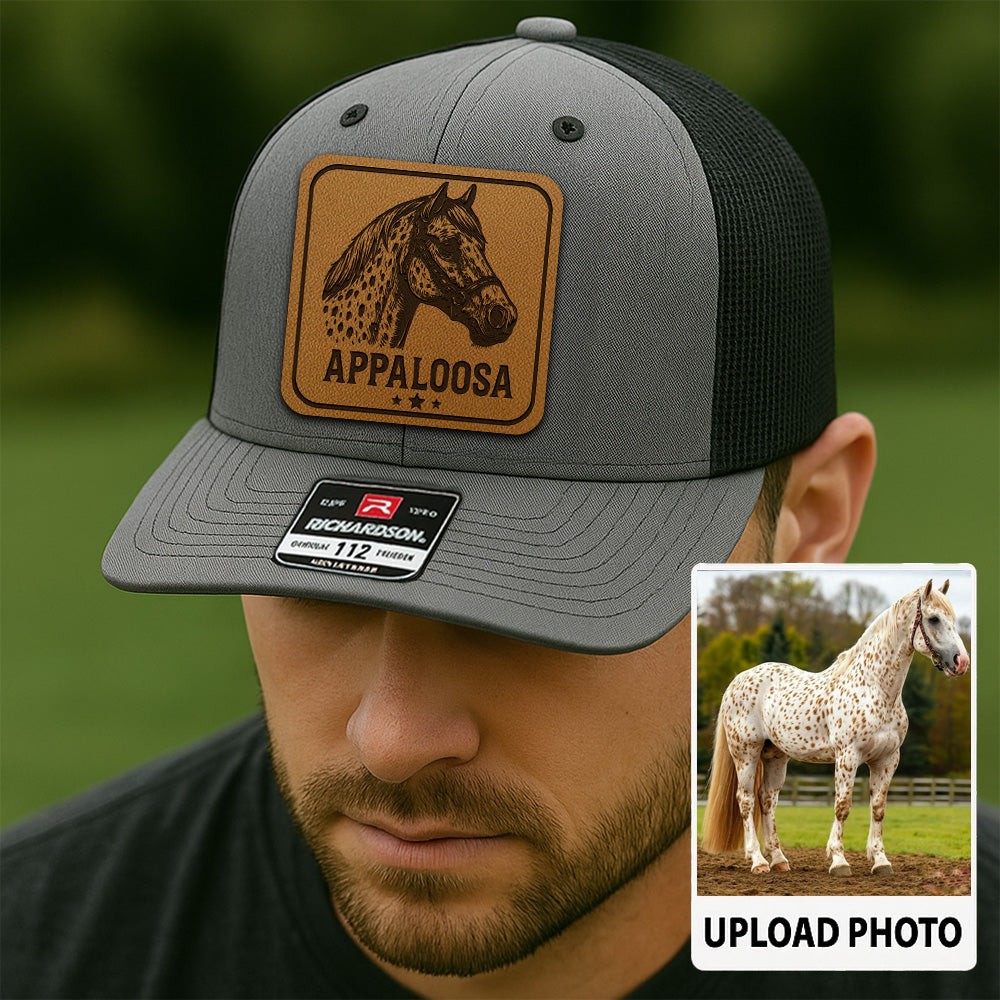 Personalized Horse Photo Leather Patch Hat | Custom Pet Photo Trucker Hat | Horse Farm Lovers Gift THUC99P14
