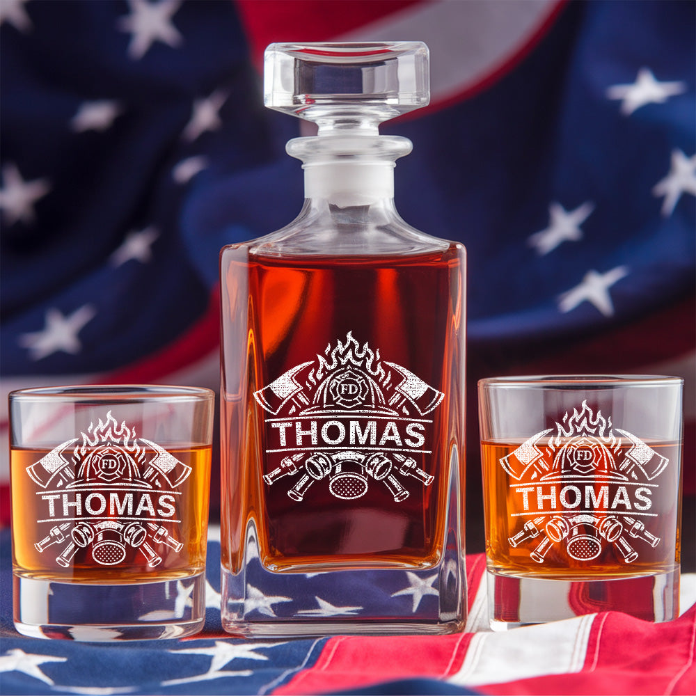 Engraved Firefighter Whiskey Set, Custom Name Decanter & Glass Gift for Heroes