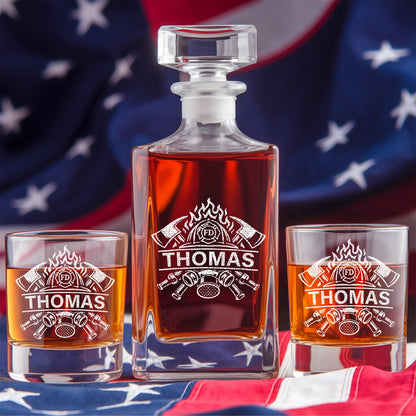 Engraved Firefighter Whiskey Set, Custom Name Decanter & Glass Gift for Heroes