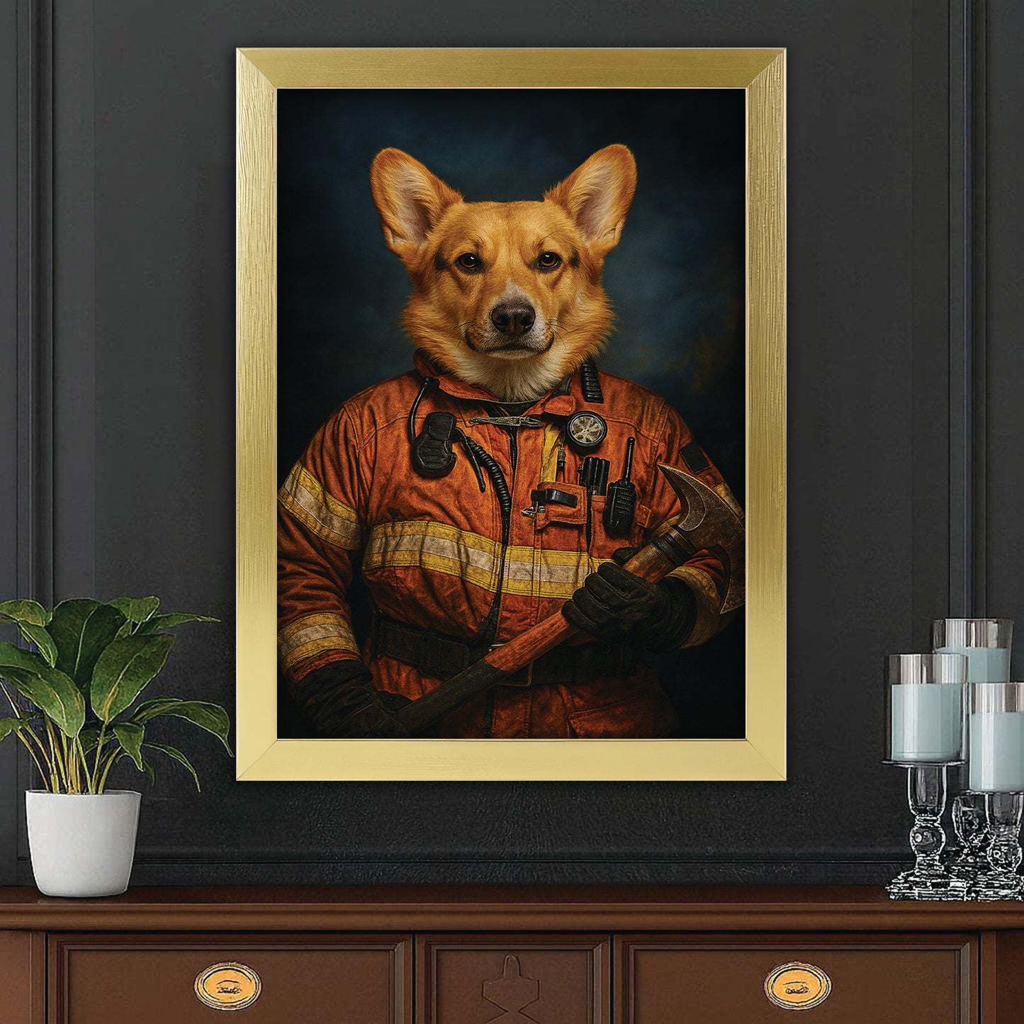 Custom Dog Photo Firefighter Canvas Framed Wall Art _ Gift For Dog Lovers