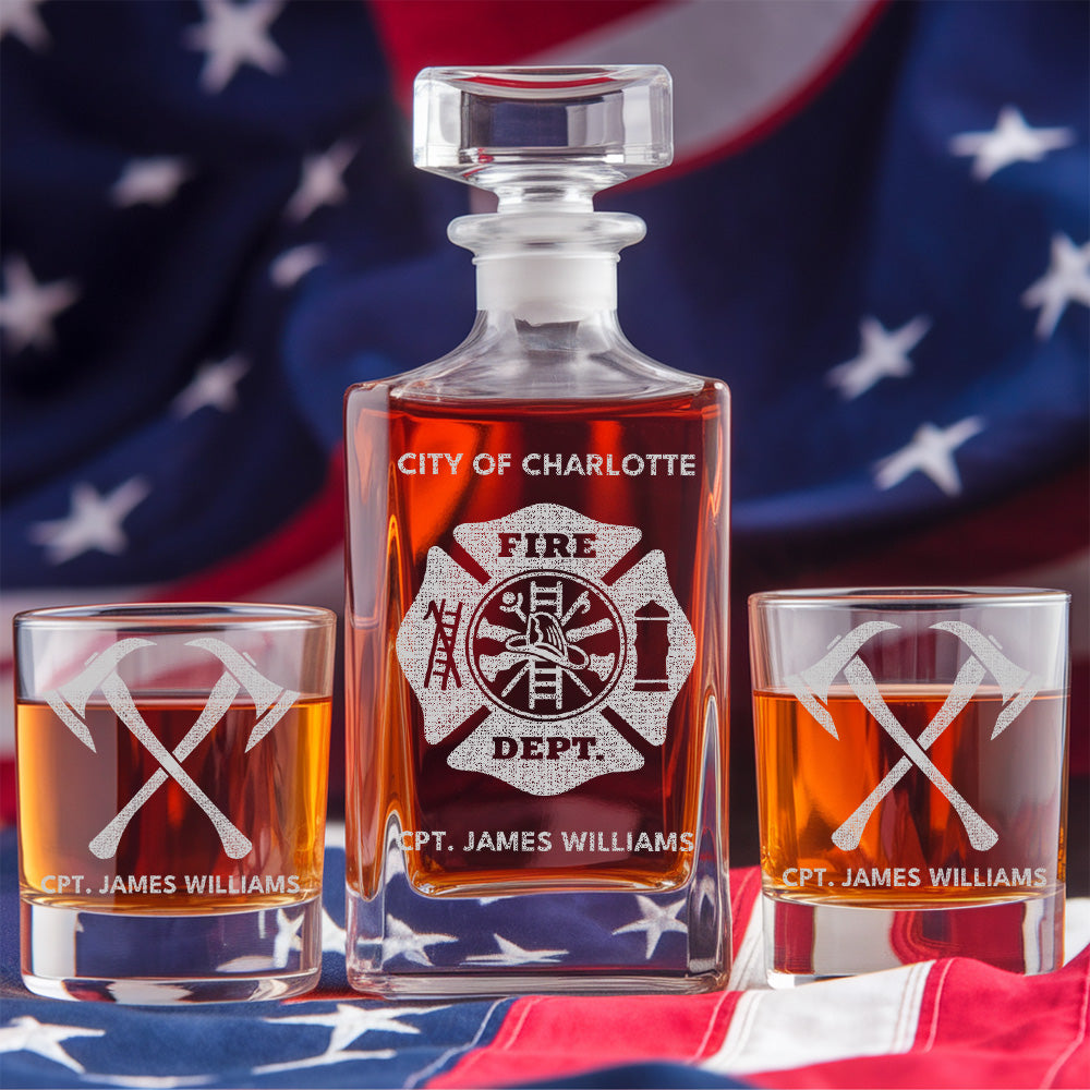 Custom Fire Department Whiskey Decanter Set, Engraved Name Firefighter Gift