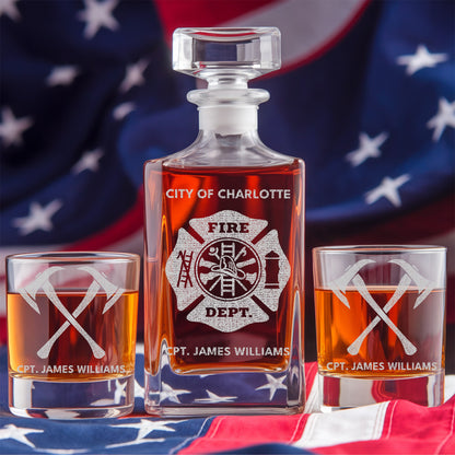 Custom Fire Department Whiskey Decanter Set, Engraved Name Firefighter Gift