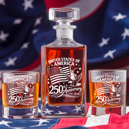 America 250th Anniversary Engraved Whiskey Decanter Set, Patriotic July 4 Gift THUC99