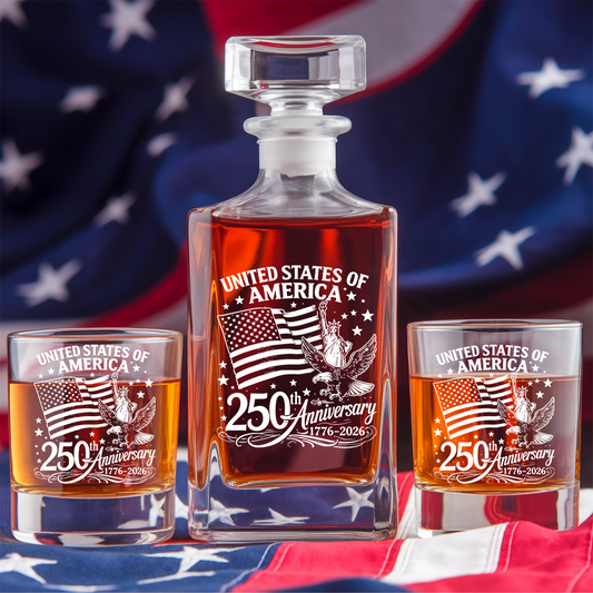 America 250th Anniversary Engraved Whiskey Decanter Set, Patriotic July 4 Gift THUC99