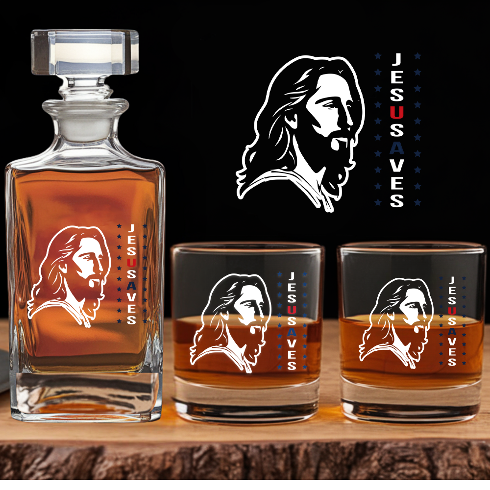 Jesus Saves American Whiskey Decanter - God Bless American Whiskey Glass Gifts - 4th July Gift NGOC99