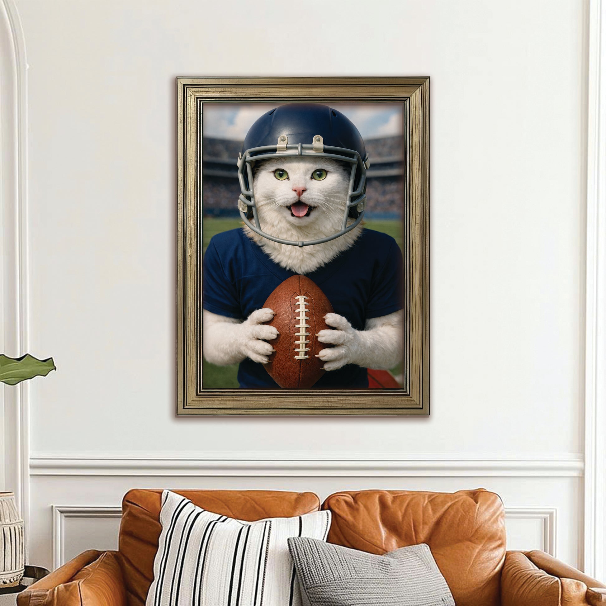 Custom Photo Footaball Cat Canvas Framed Wall Art  Gift For Cat Lovers