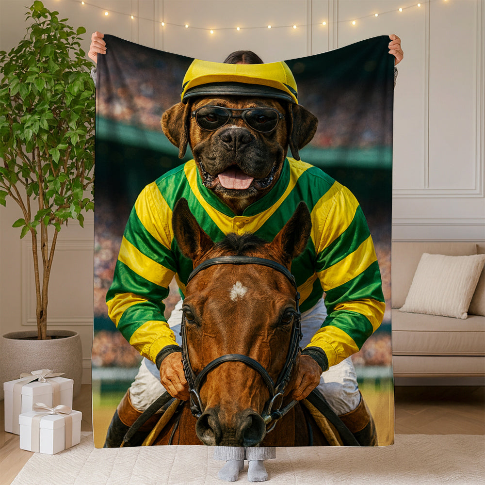 Custom Photo Jockey Horse Racing Dog BlanketGift For Dog Lovers