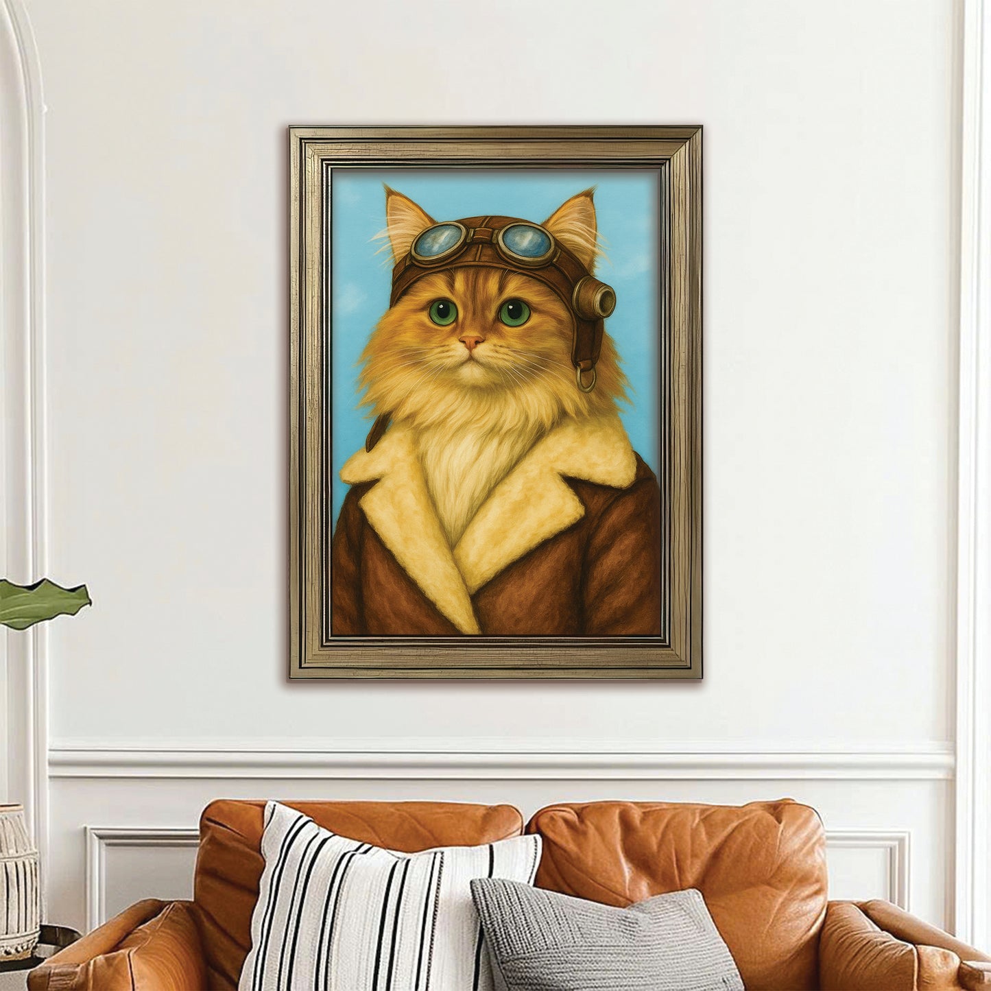 Custom Photo Portrait Pilot Canvas Framed Wall Art Gift For Cat Lovers