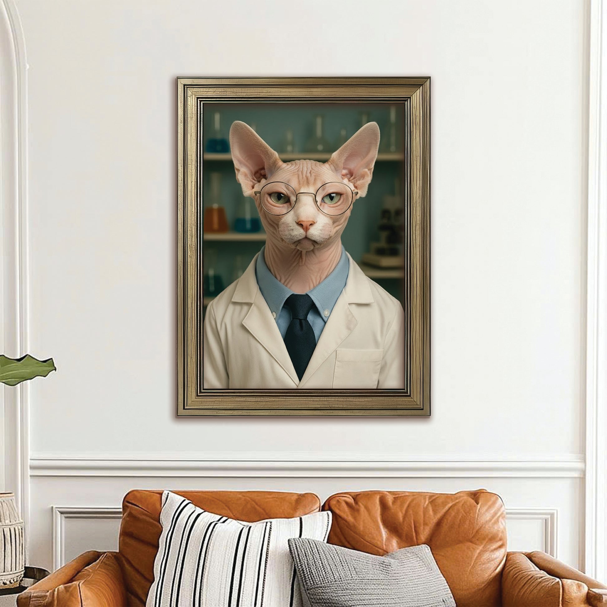 Custom Photo Scientist Cat Canvas Framed Wall Art Gift For Cat Lovers