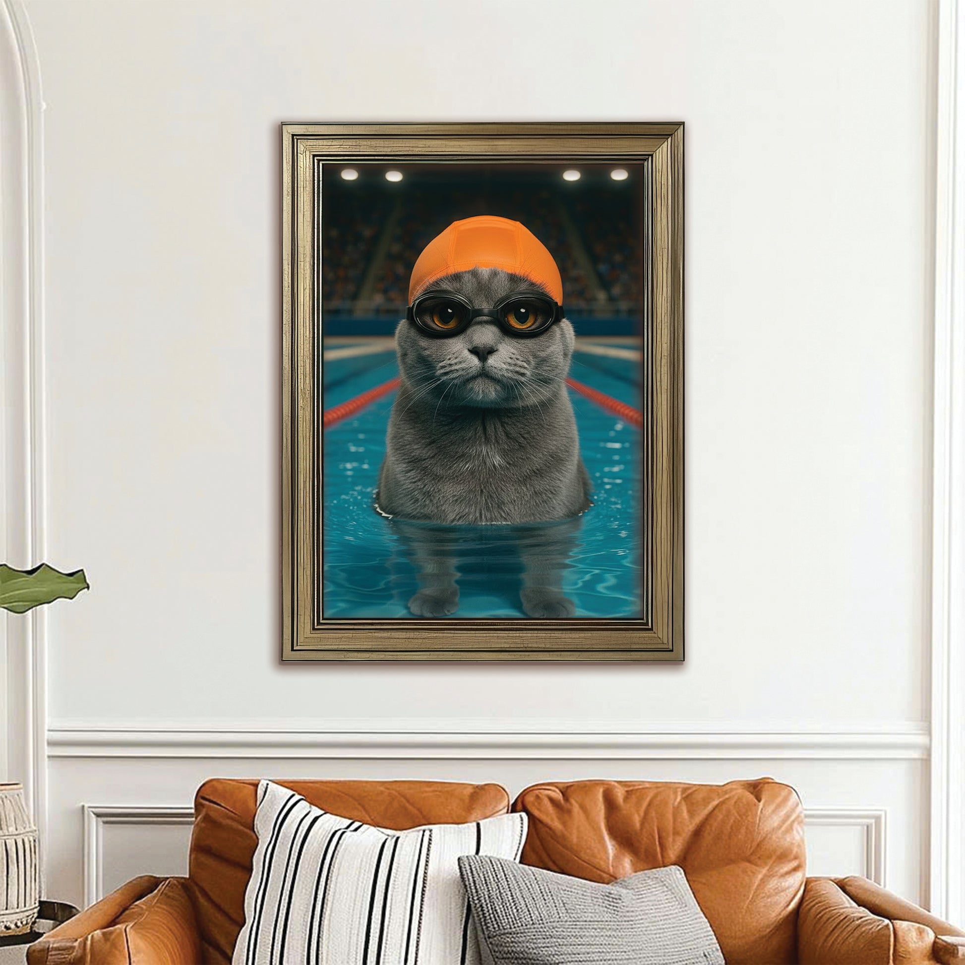 Custom Photo Swimmer  2 Cat Canvas Framed Wall Art Gift For Cat Lovers