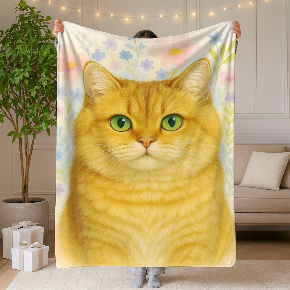 Custom Photo Cat Floral Watercolor Art Blanket