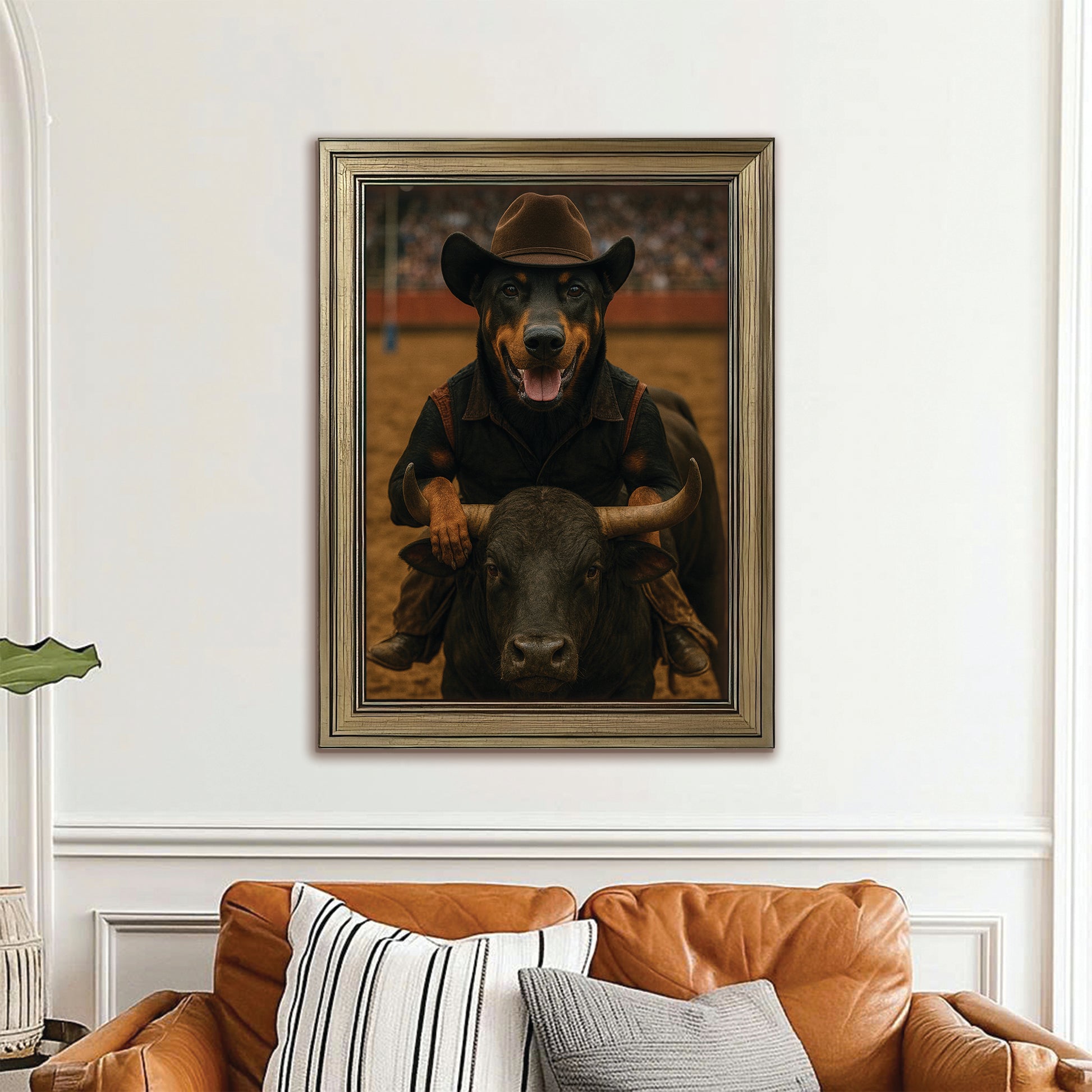 Custom Photo Bull Rider Cowboy Dog Canvas Framed Wall Art Gift For Dog Lovers