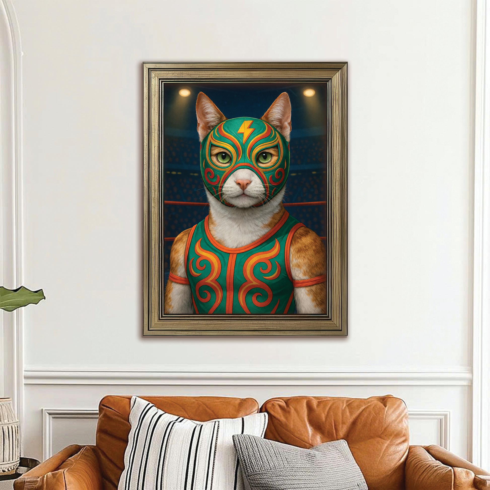 Custom Photo Lucha Libre Wrestler Mask Cat Canvas Framed Wall Art Gift For Cat Lovers