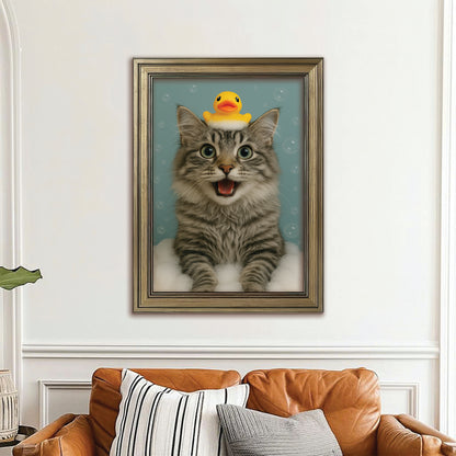 Custom Photo Cat In Bathtub With Duck Toy Canvas Framed Wall Art