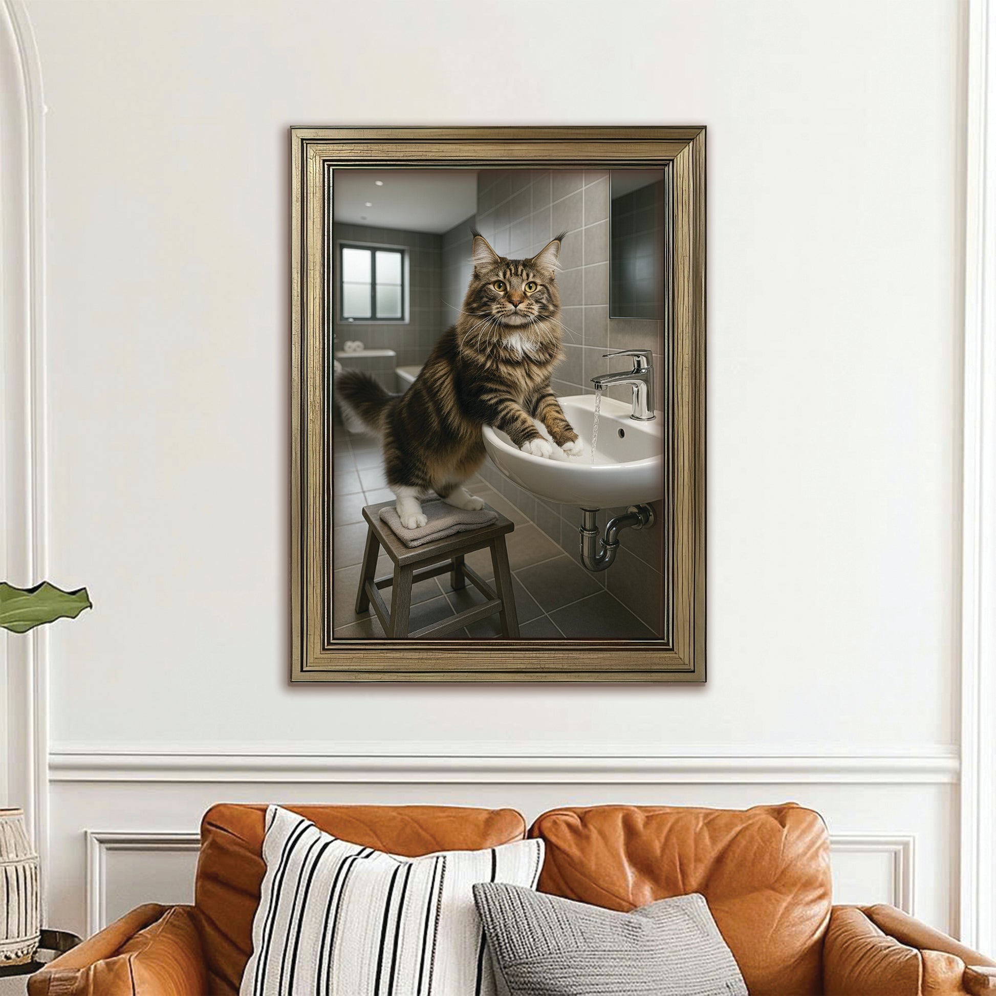 Custom Photo Cat In Bathroom Style 1 Canvas Framed Wall Art Gift For Cat Lovers