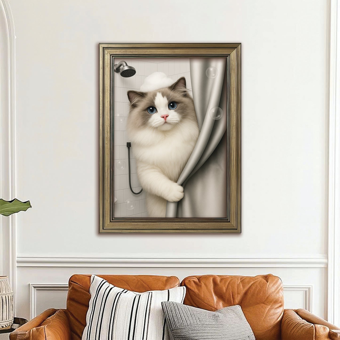 Custom Cat Photo Cat  In Bathroom Canvas Framed Wall Art Gift For Cat Lovers