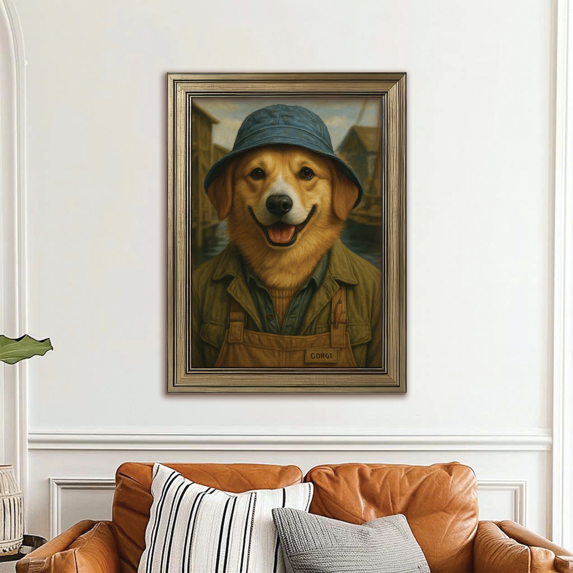 Custom Photo Fisherman Dog Canvas Framed Wall Art Gift For Dog Lovers