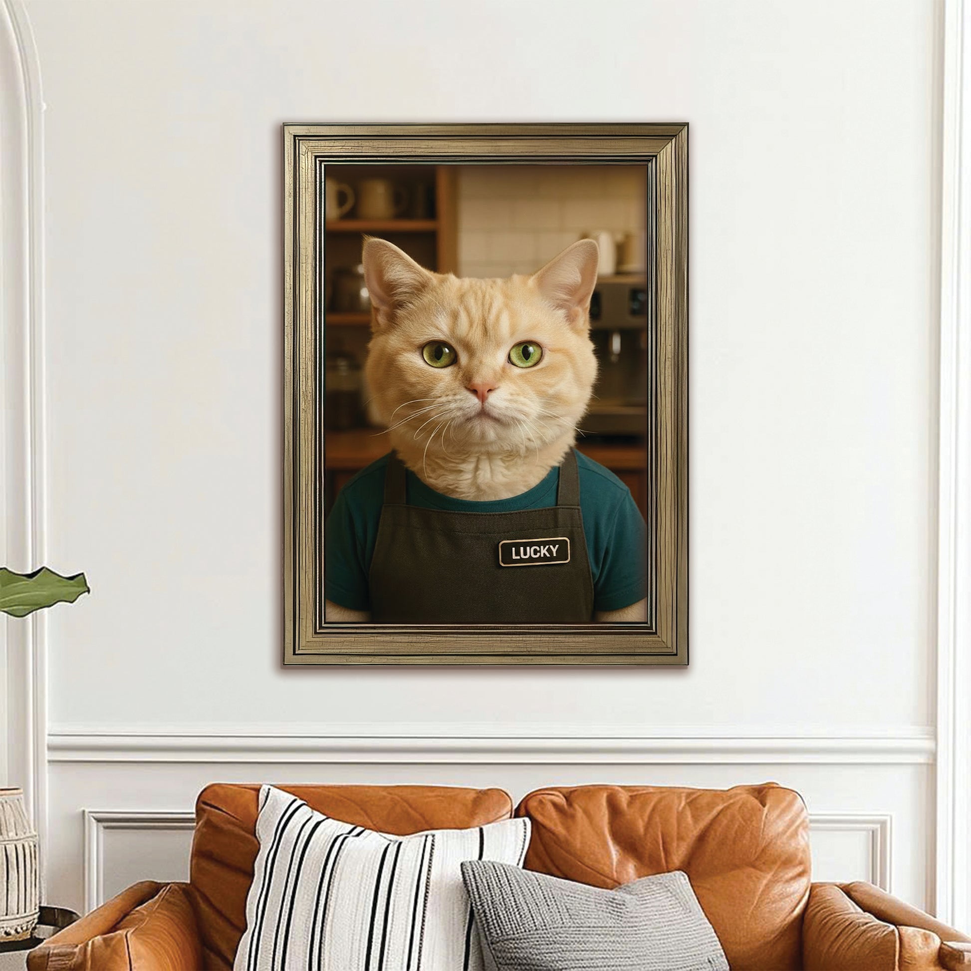 Custom Photo Barista Cat Canvas Framed Wall Art Gift For Cat Lovers