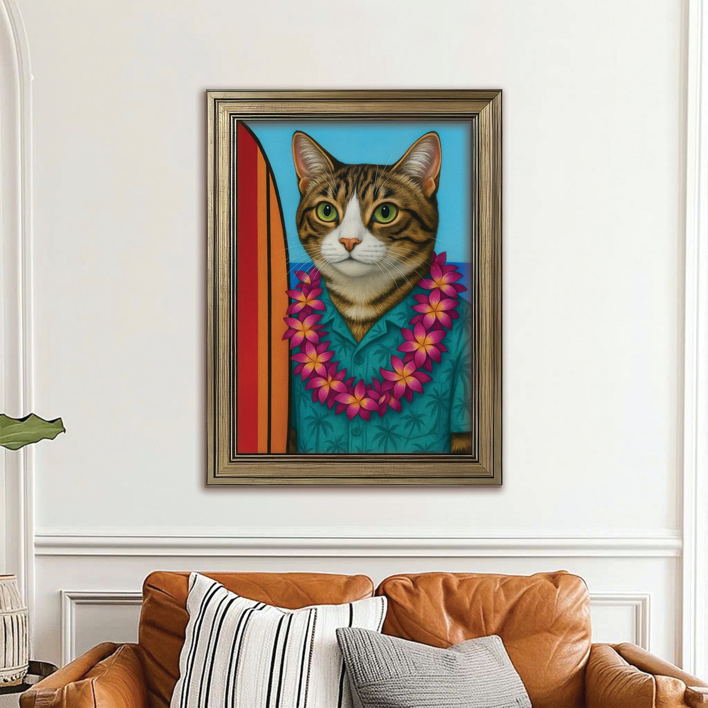 Custom Photo Surfer Cat Canvas Framed Wall Art Gift For Cat Lovers