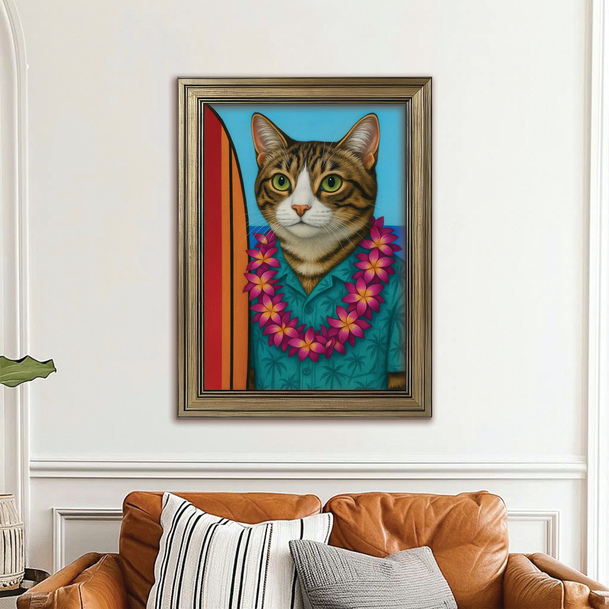 Custom Photo Surfer Cat Canvas Framed Wall Art Gift For Cat Lovers