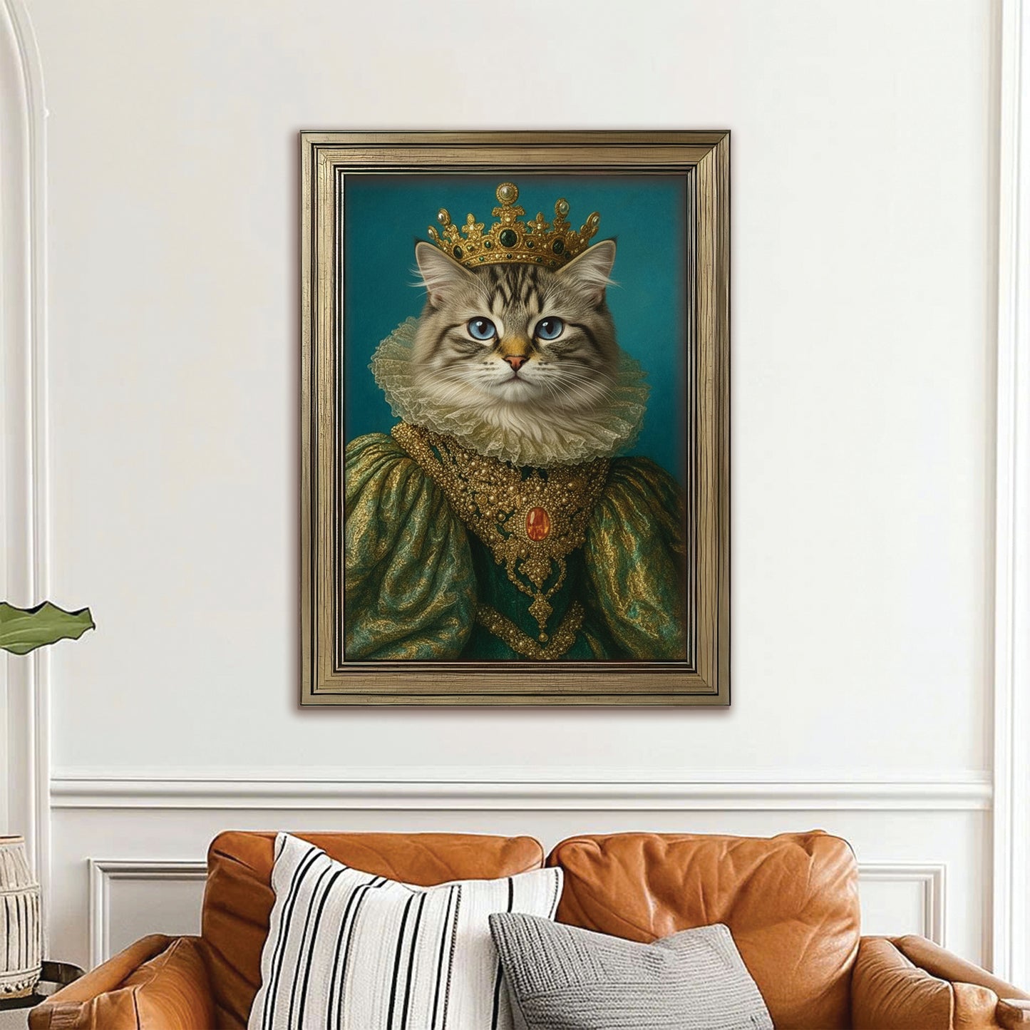 Custom Photo Potrait Royal Cat With Crown Canvas Framed Wall Art Gift For Cat Lovers