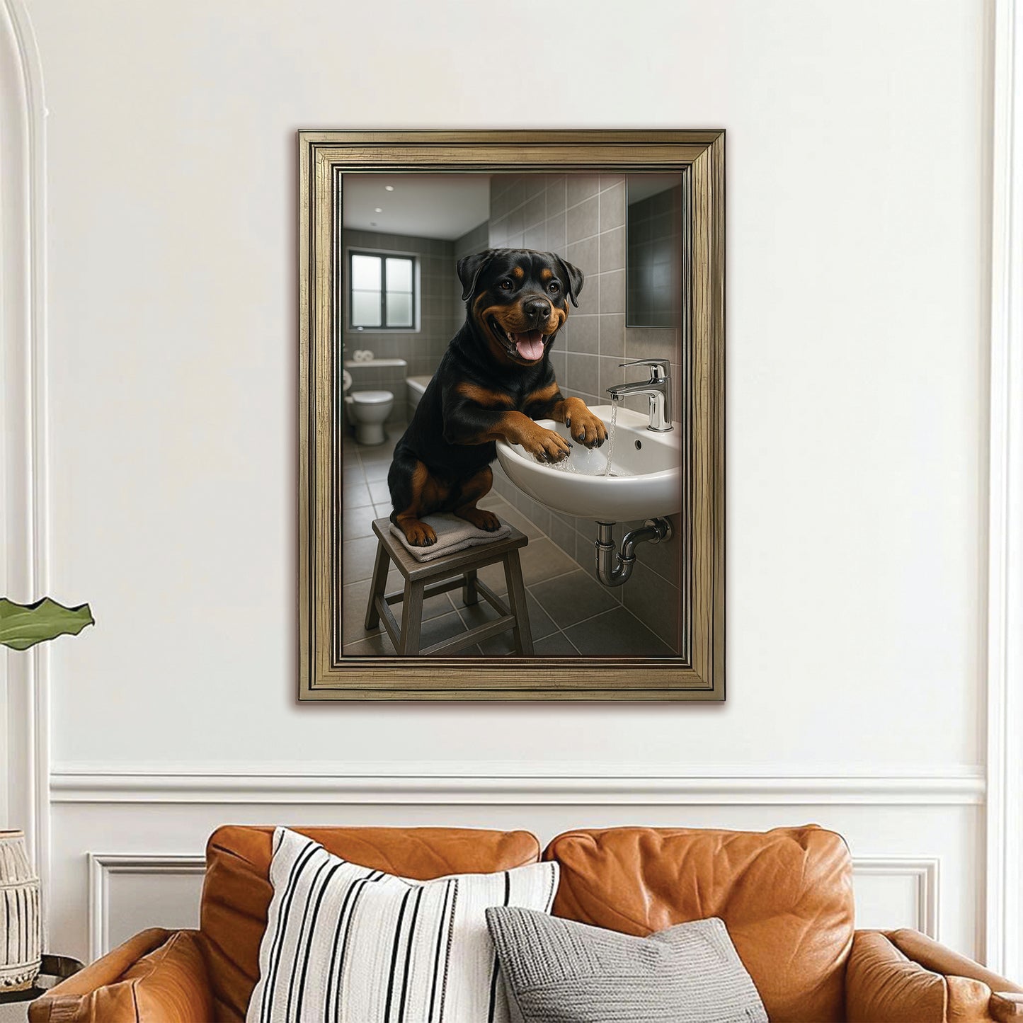Custom Photo Dog In Bathroom Style 1 Canvas Framed Wall Art Gift For Dog Lovers