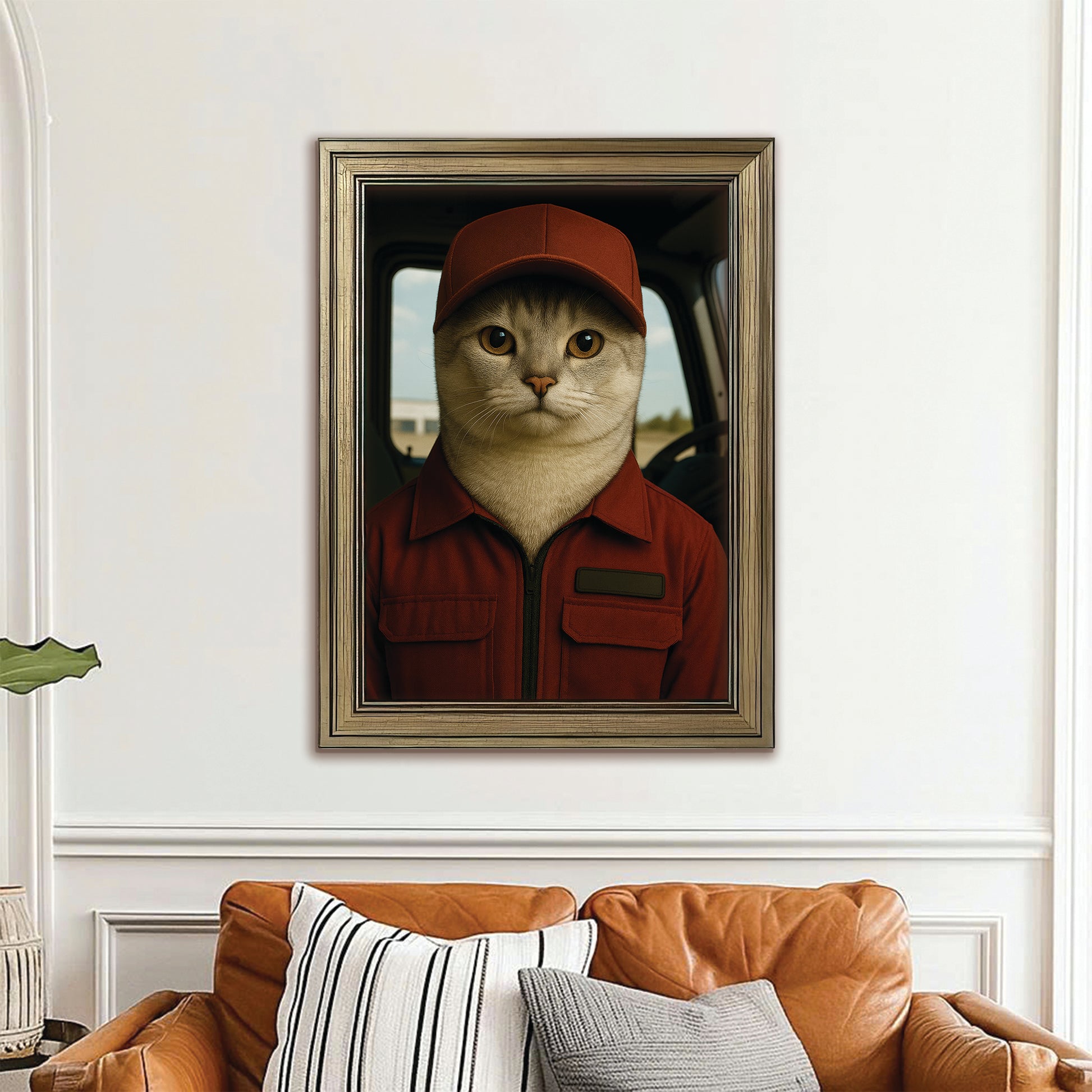 Custom Photo Trucker Driver Cat Canvas Framed Wall Art Gift For Cat Lovers