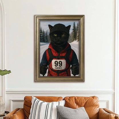 Custom Photo Cross Country Ski Cat Canvas Framed Wall Art Gift For Cat Lovers